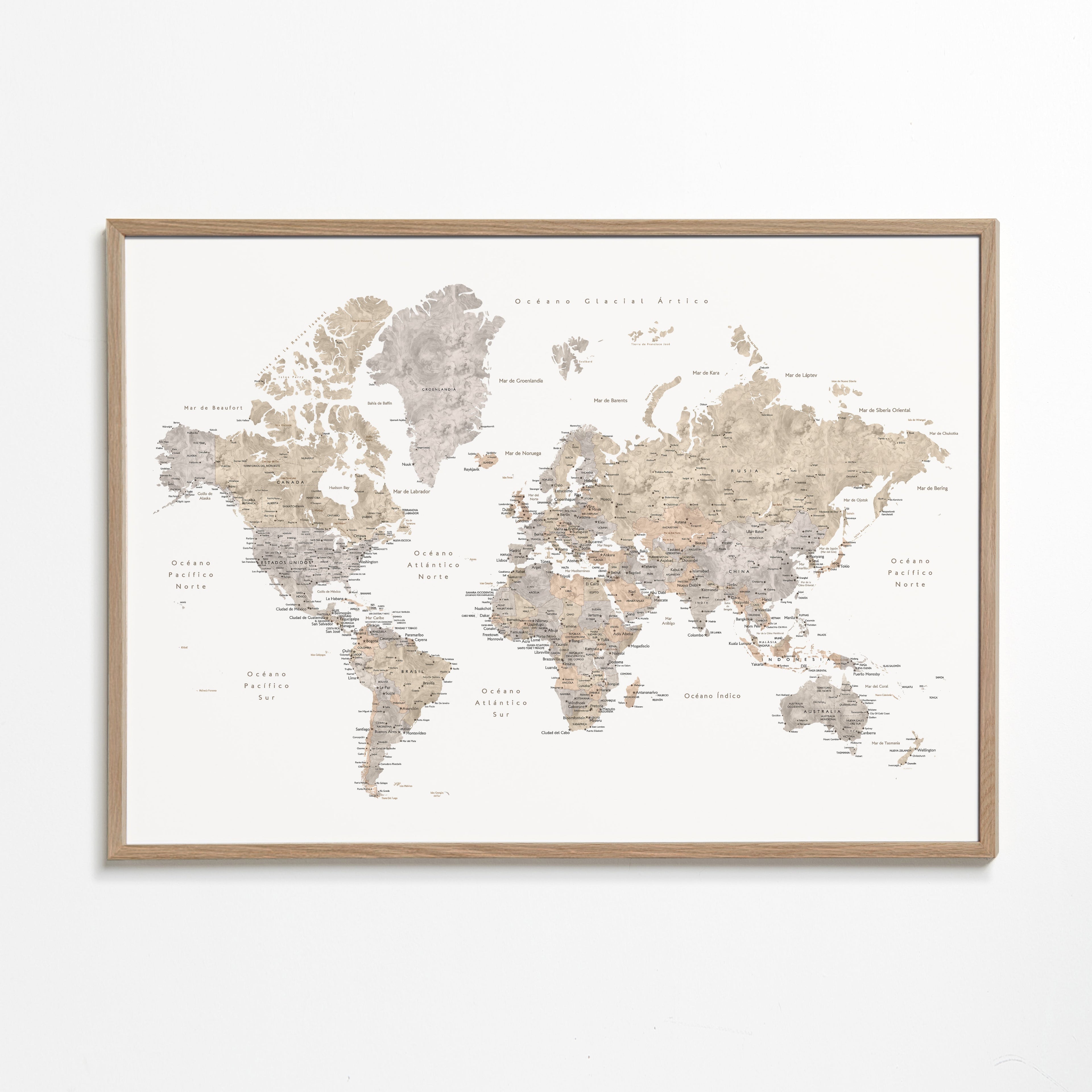 Detailed taupe watercolor world map with labels in Spanish, Abey