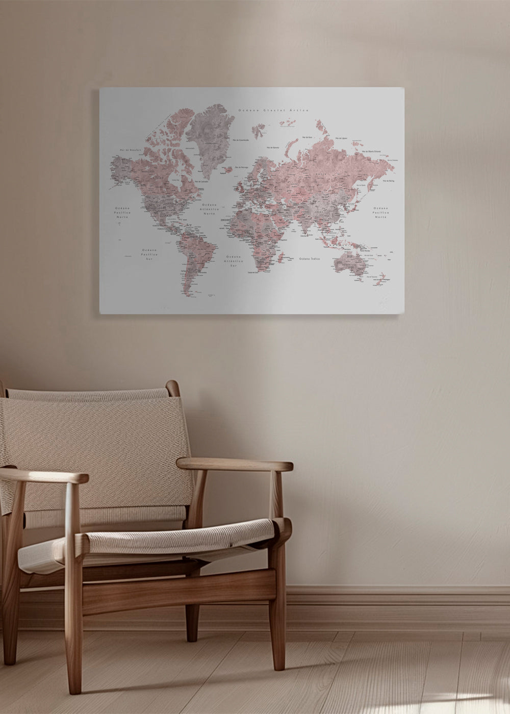 Detailed dusty pink watercolor world map with labels in Spanish, Piper