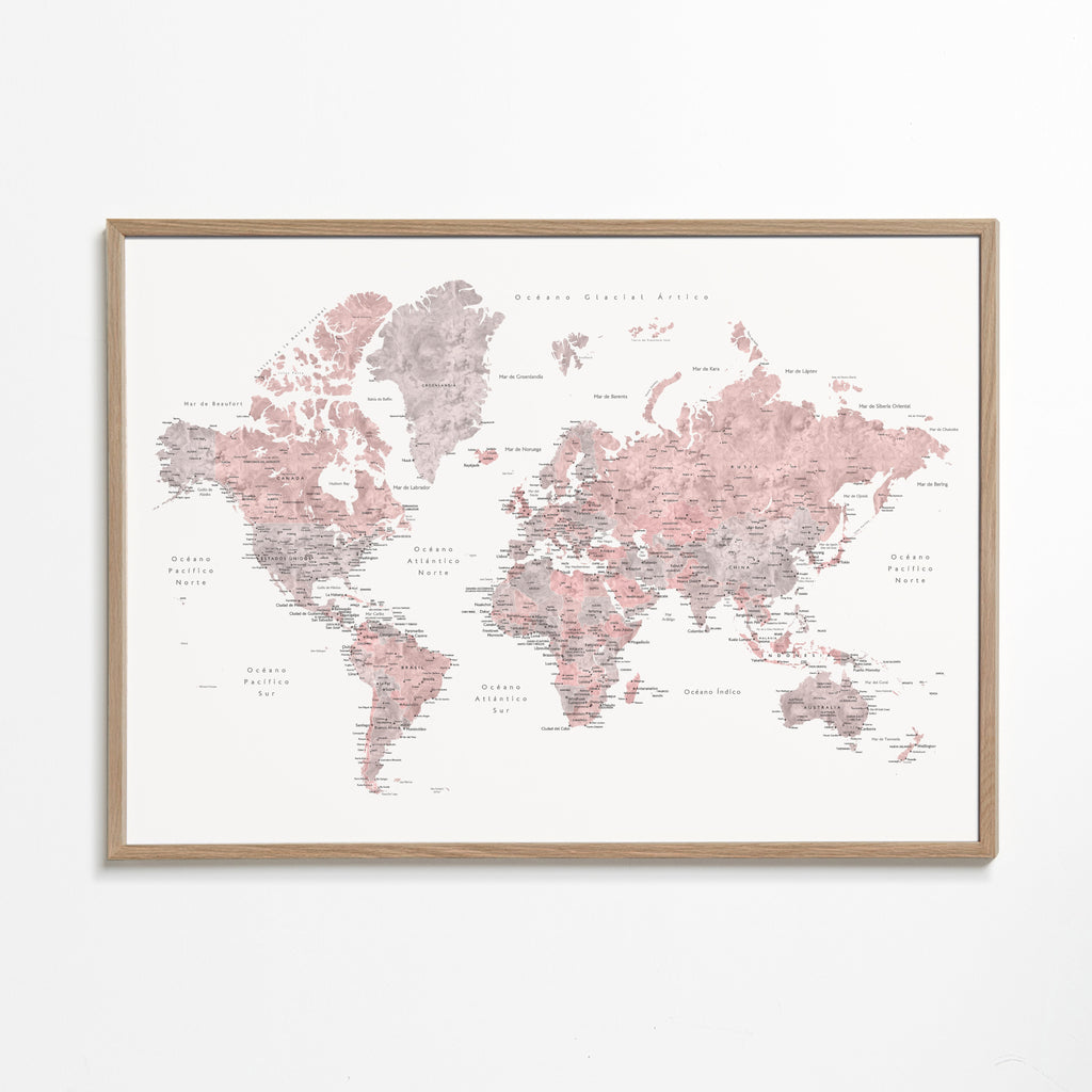 Detailed dusty pink watercolor world map with labels in Spanish, Piper