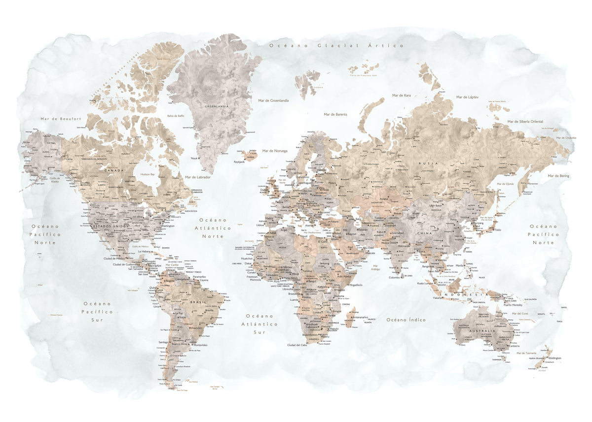 Detailed watercolor world map with labels in Spanish, Calista - Unframed art print