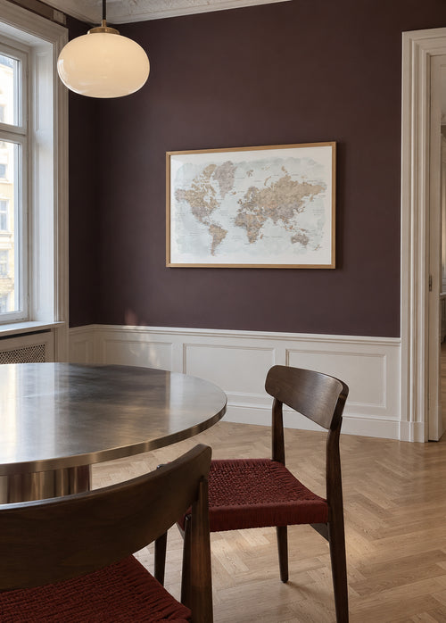 Detailed watercolor world map with labels in Spanish, Calista - Framed poster in an interior