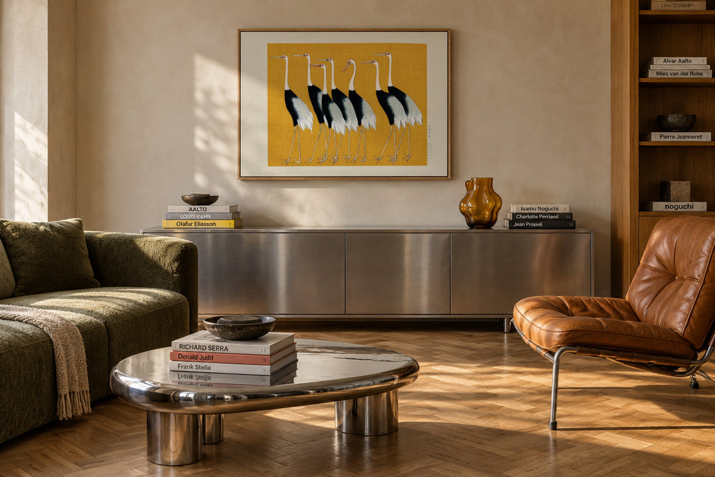 Japanese red-crowned crane vintage illustration - Framed canvas in an interior