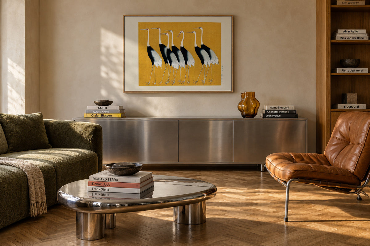 Japanese red-crowned crane vintage illustration - Framed canvas in an interior