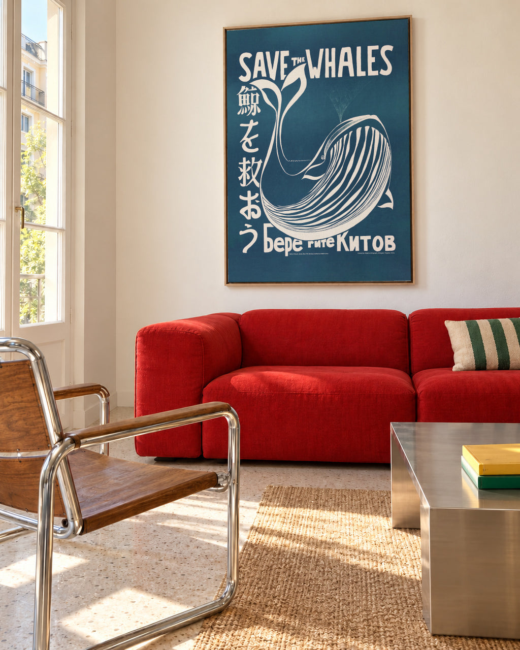 Save the whales (1973) vintage poster by Vint Lawrence - Framed canvas in an interior