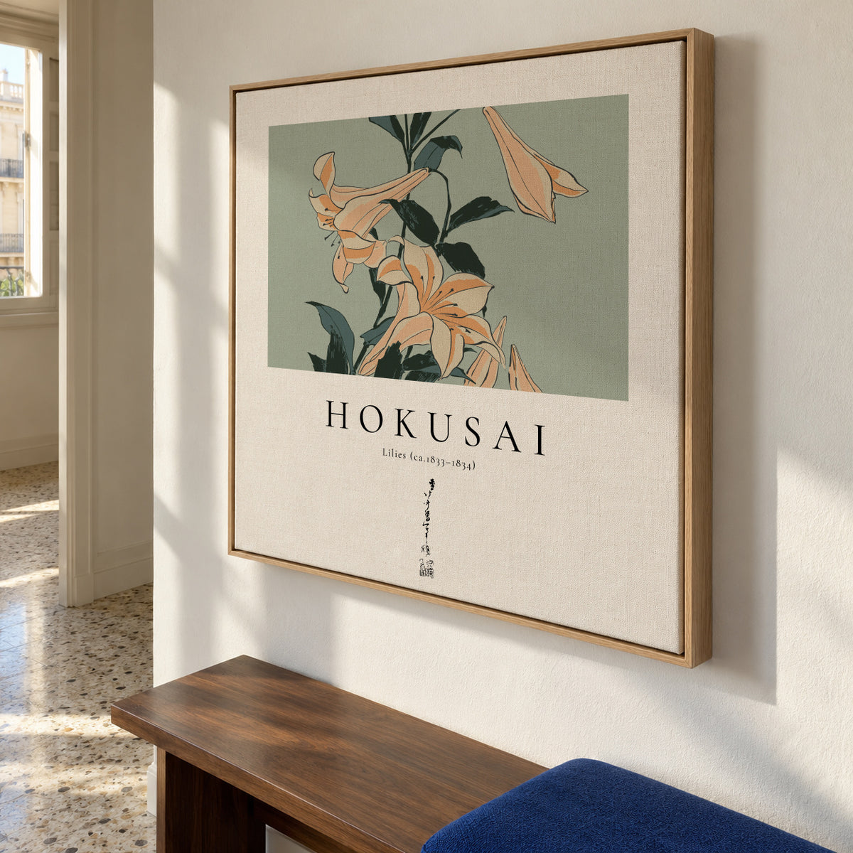 lilies by Katsushika Hokusai - Square - Framed canvas in an interior