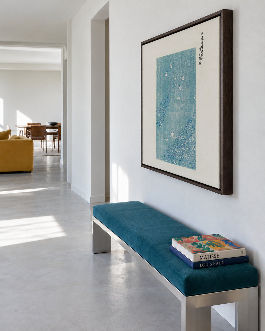 Blue Birds Woodblock print from Yatsuo no tsubaki by Taguchi Tomoki - Square - Framed canvas in an interior