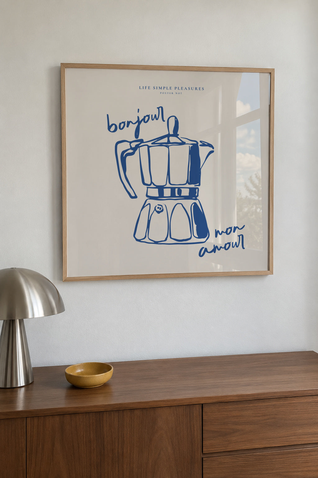 Life Simple simple pleasures - Bonjour mon amour - SQUARE - Framed poster in an interior