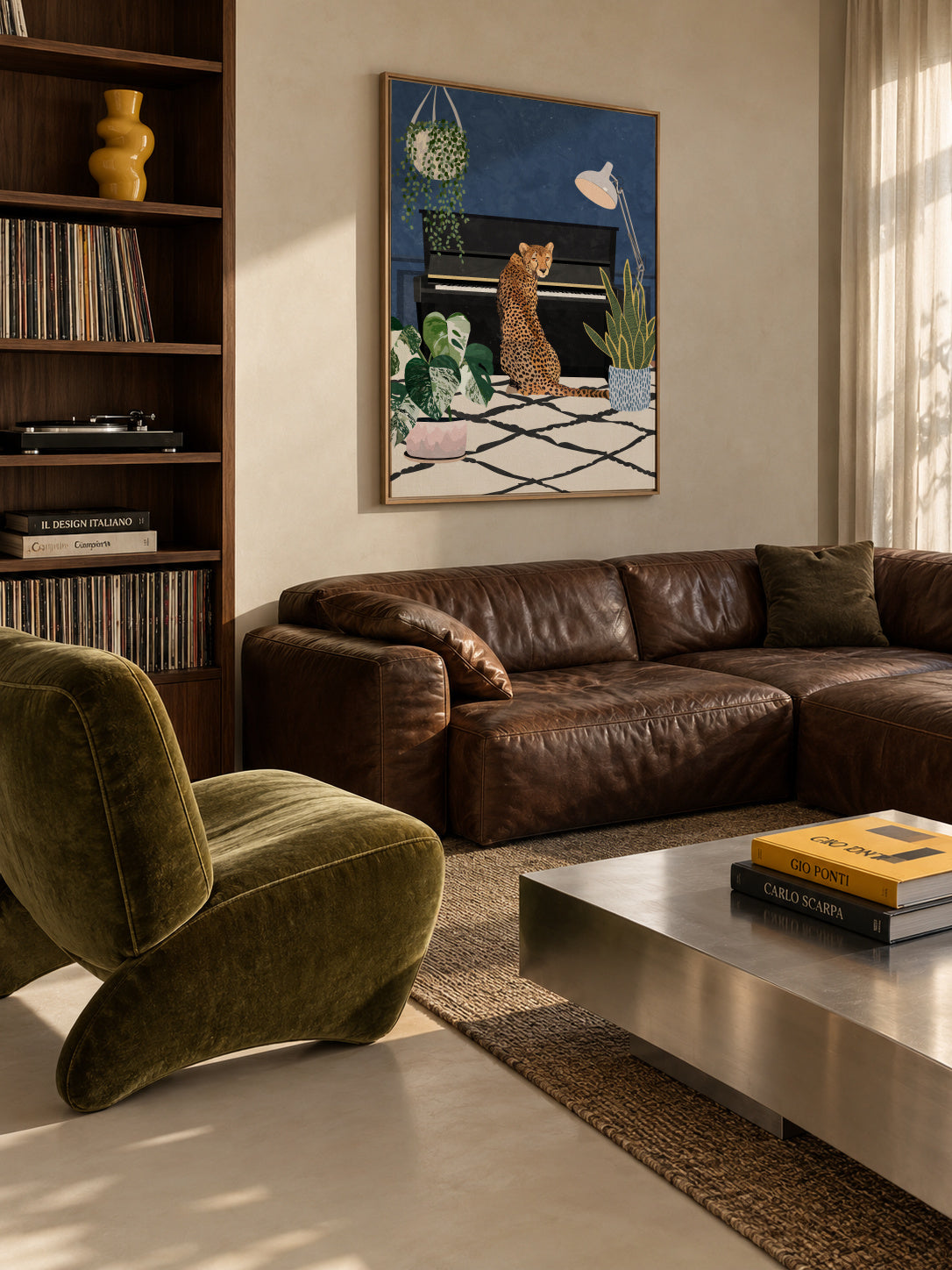 Cheetah plays the piano - Framed canvas in an interior