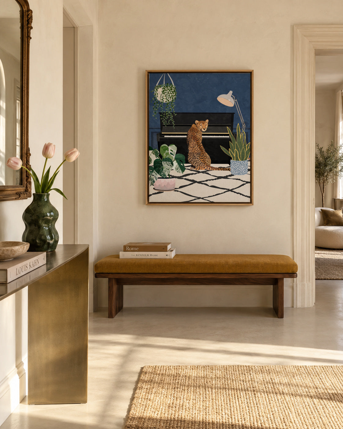 Cheetah plays the piano - Framed canvas in an interior