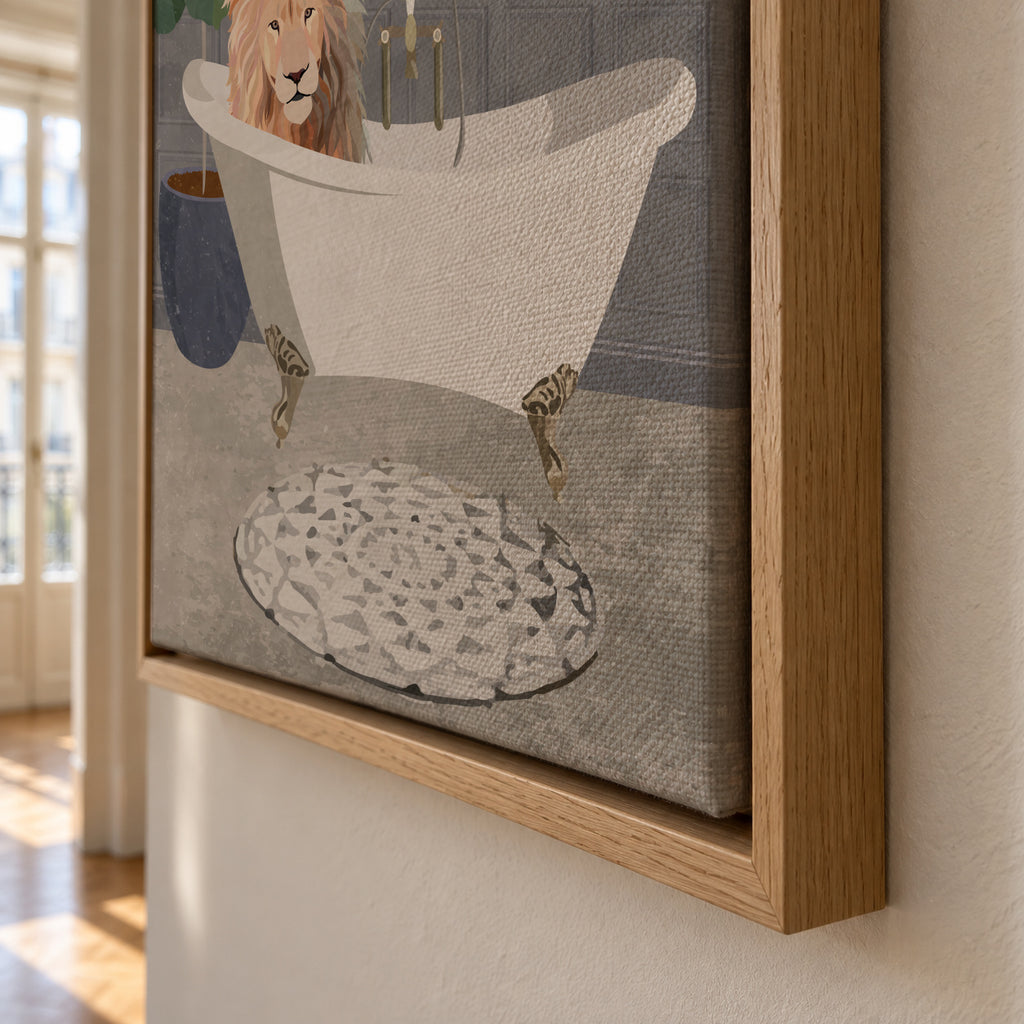 Lion takes a bath - Framed canvas detail