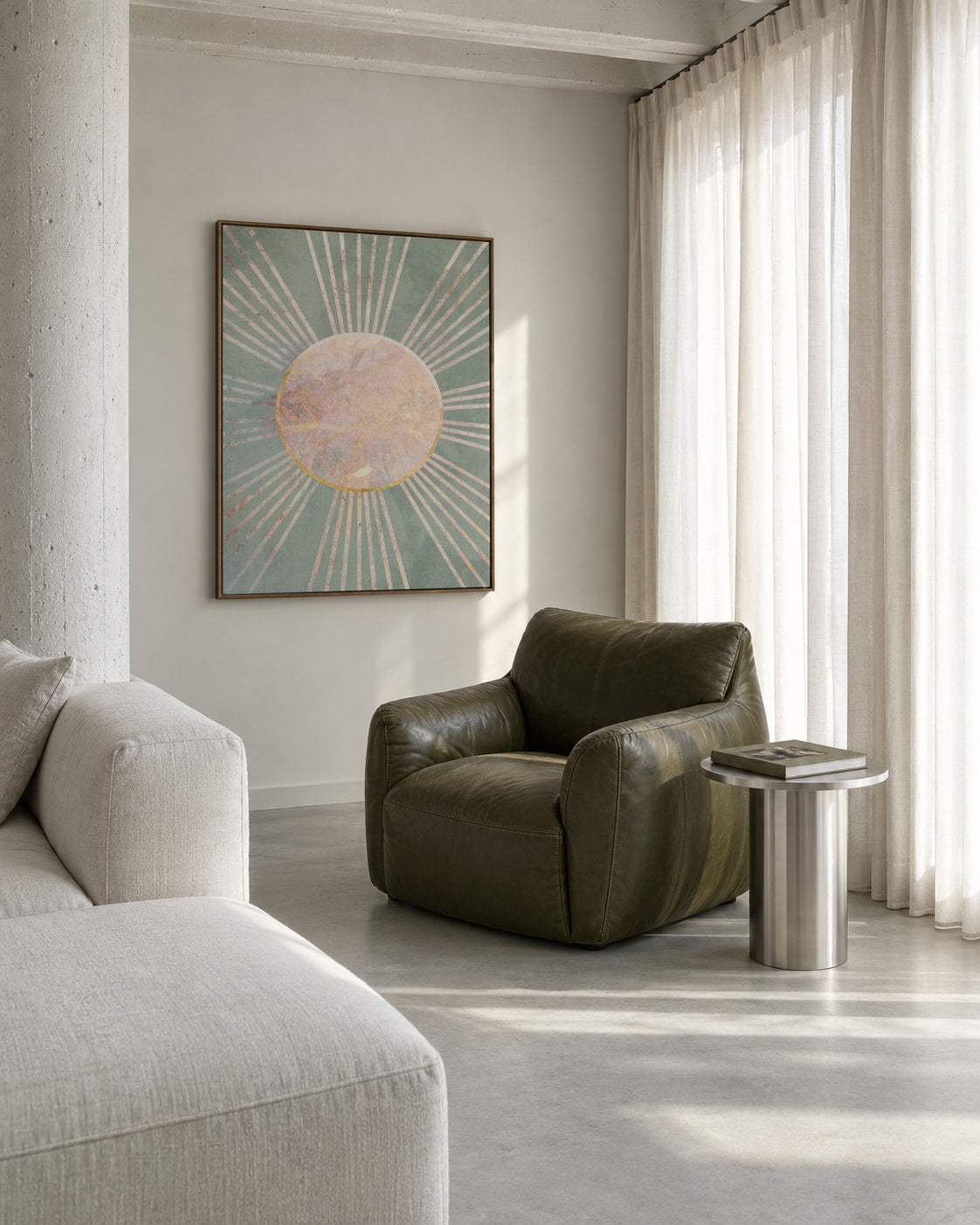Sage green Boho Sunrise 2 - Framed canvas in an interior