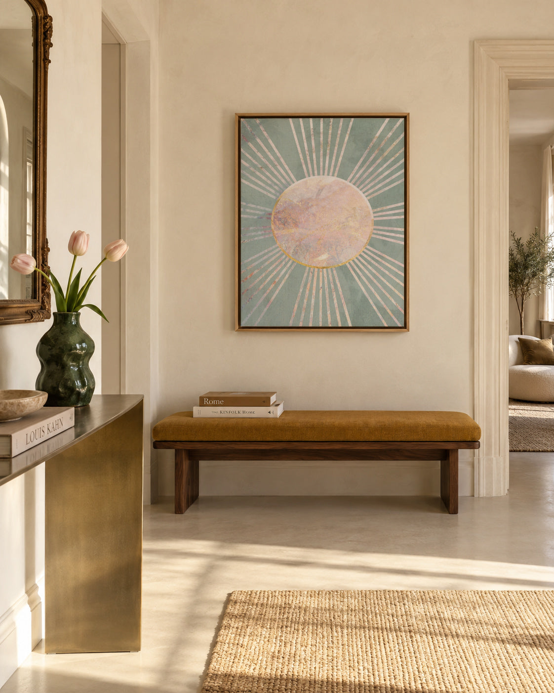 Sage green Boho Sunrise 2 - Framed canvas in an interior