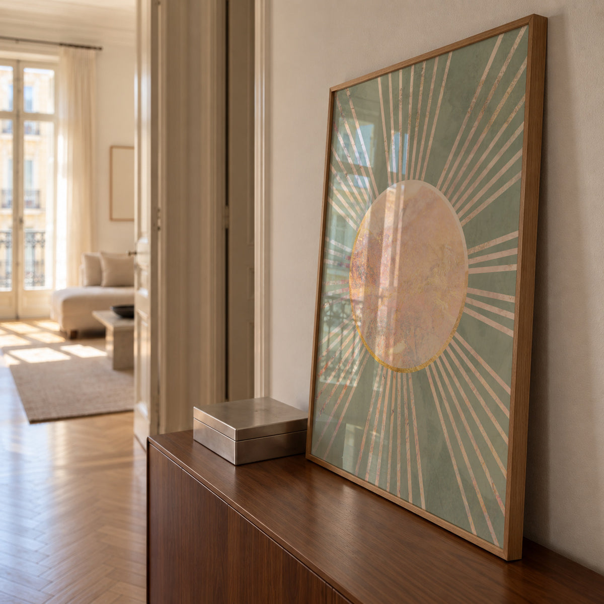 Sage green Boho Sunrise 2 - Framed poster in an interior