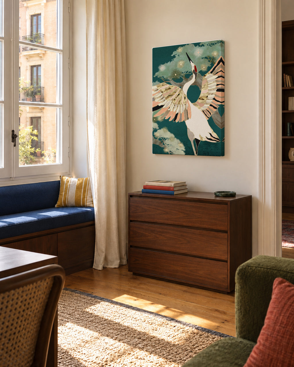 Golden Crane - Unframed canvas in an interior