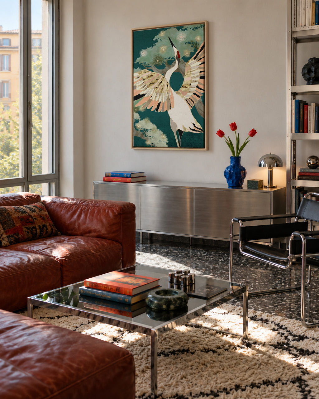 Golden Crane - Framed canvas in an interior