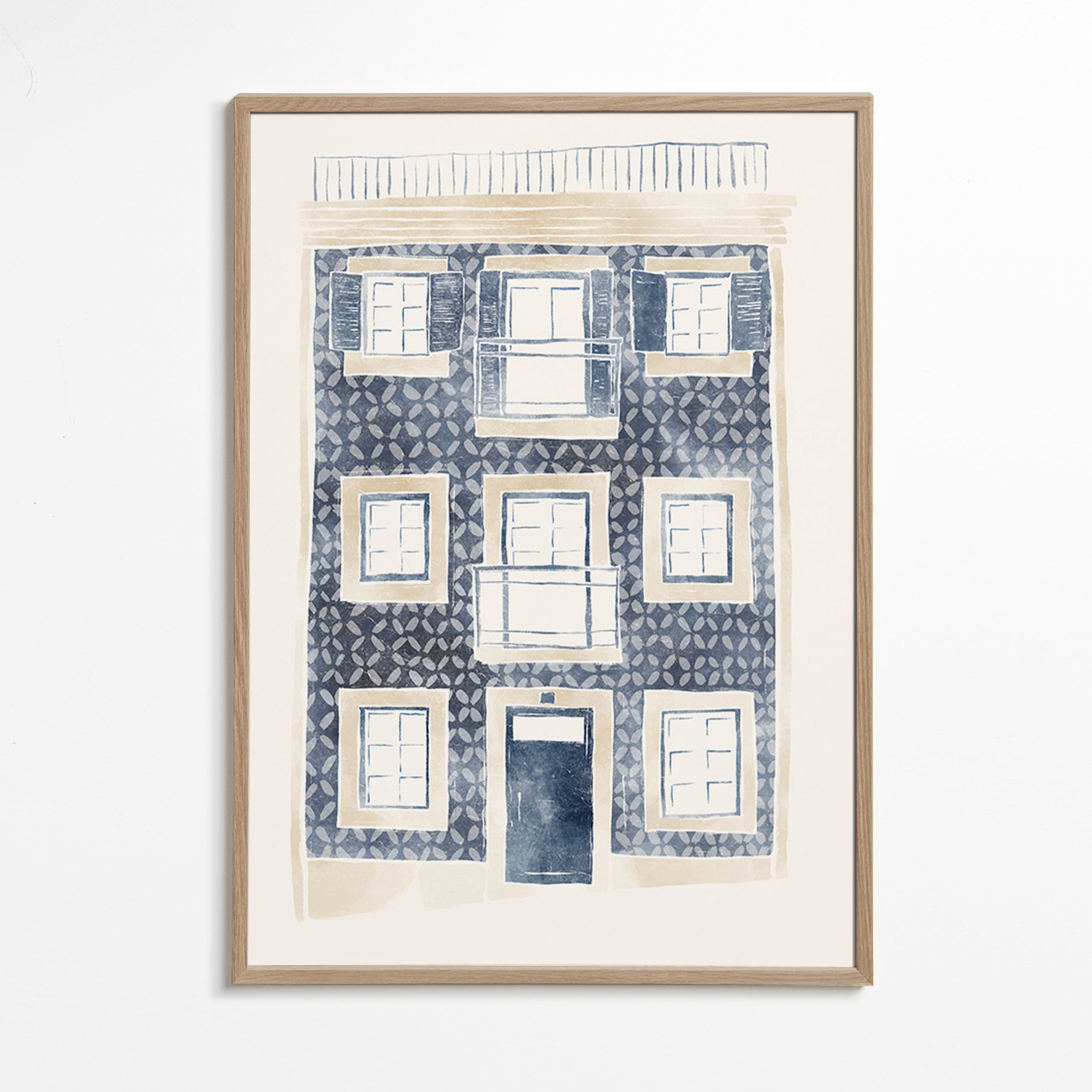 Ilustración de fachada con azulejos y balcones – Oak Frame