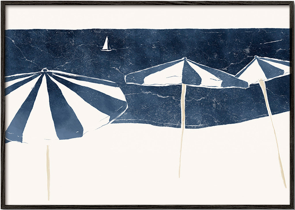 Cuadro de paisaje con sombrillas marinas minimalistas – Black Frame