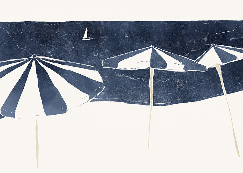 Cuadro de paisaje con sombrillas marinas minimalistas