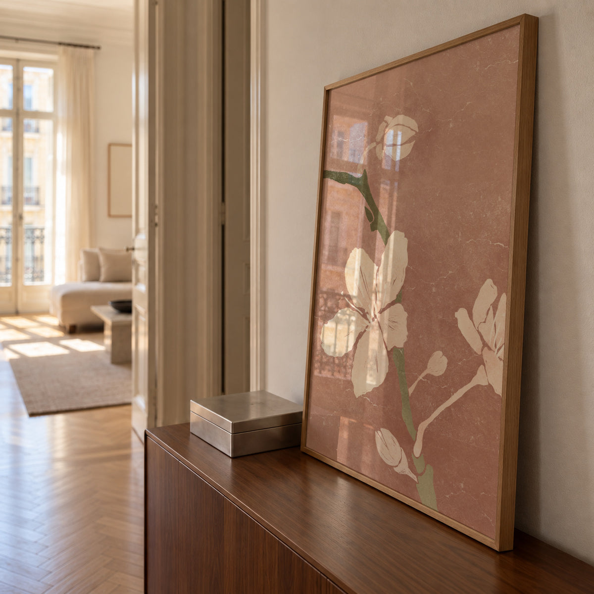 Pink Blossom II - Framed poster in an interior