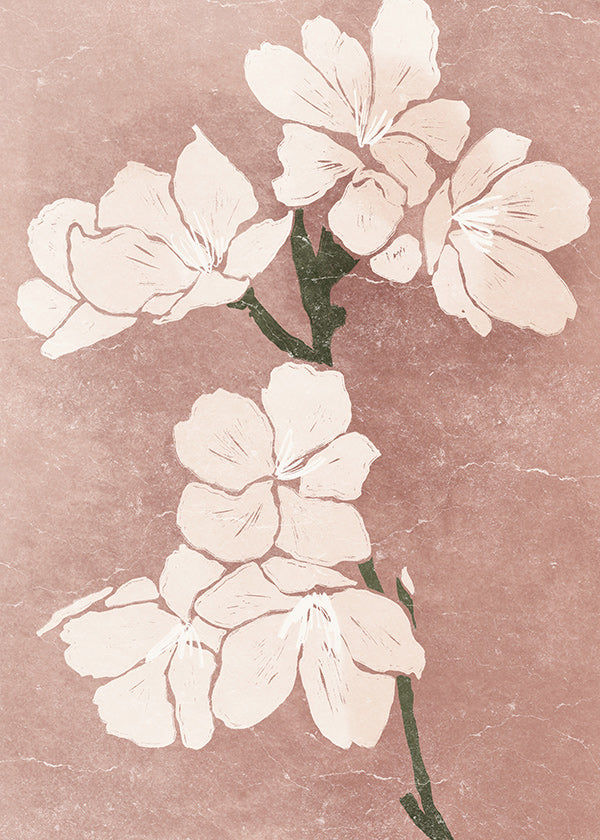 Lámina botánica con flores rosas y textura vintage