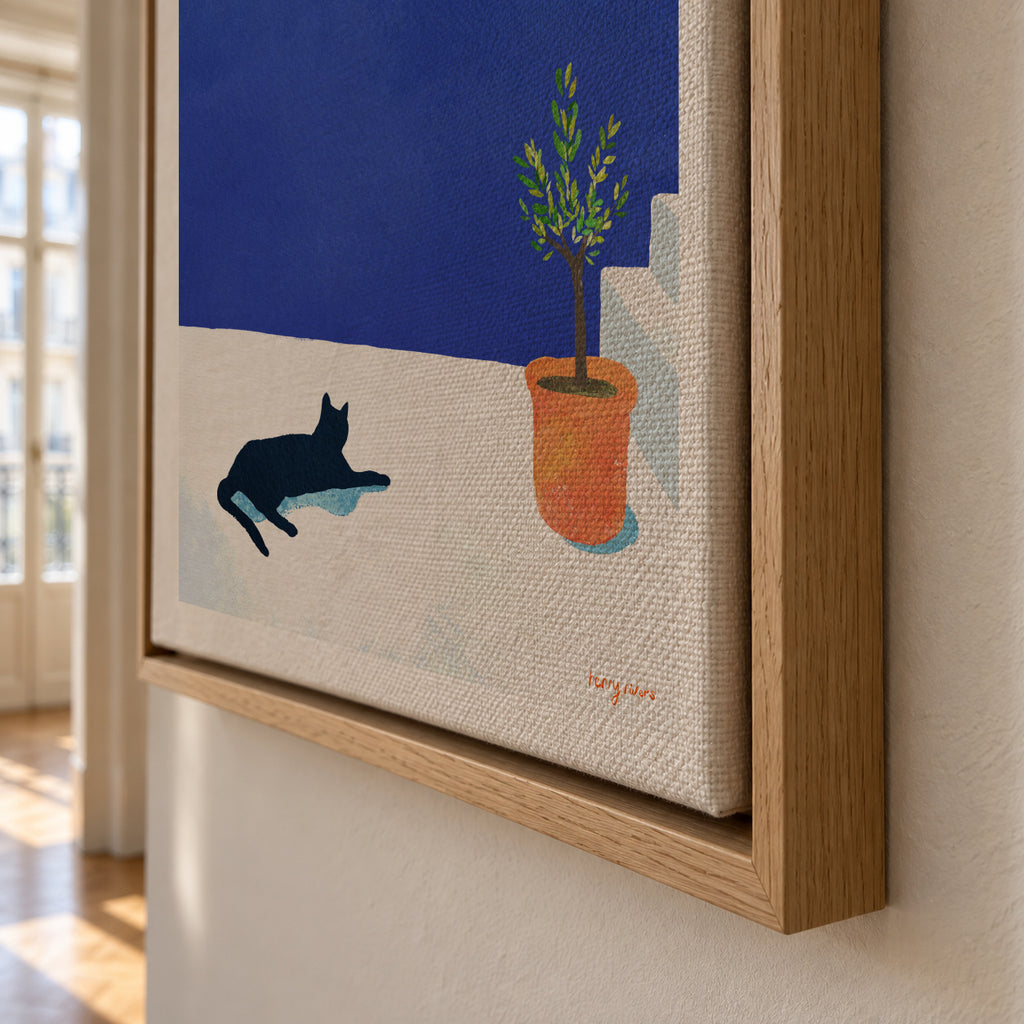 Black cat - siesta on the roof - Framed canvas detail
