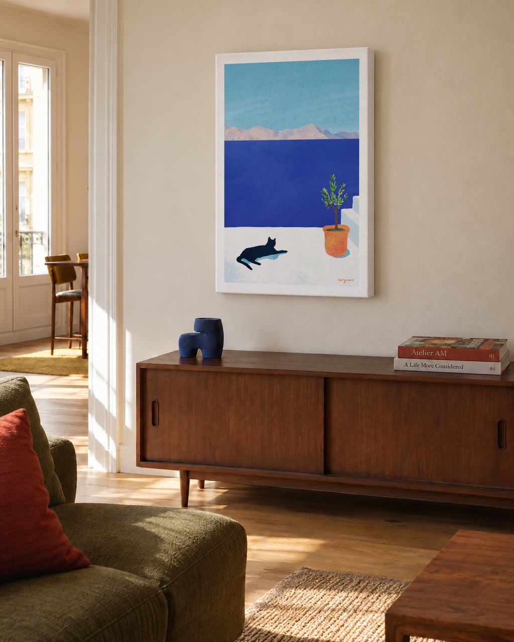 Black cat - siesta on the roof - Unframed canvas in an interior