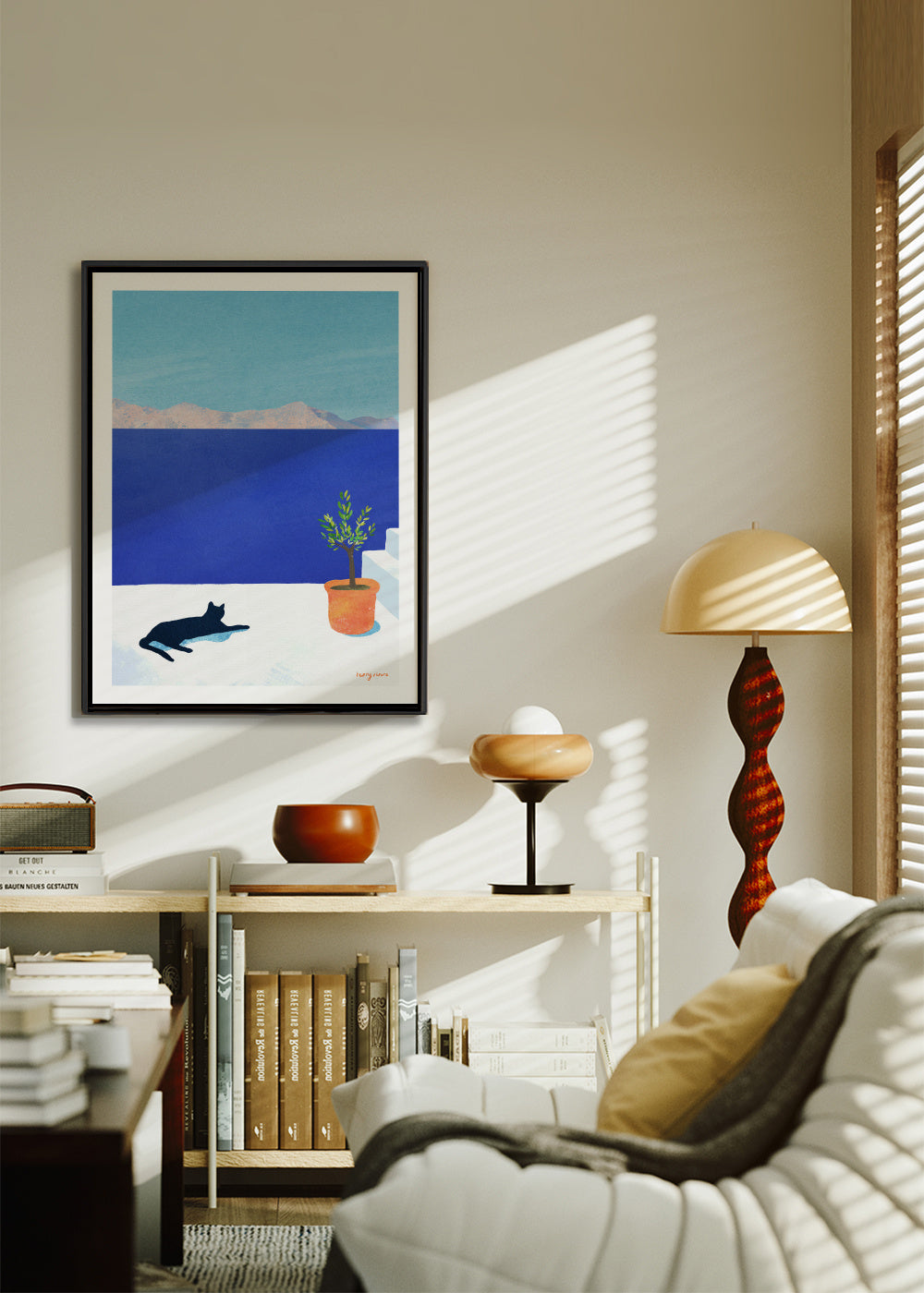 Black cat - siesta on the roof - Framed canvas in an interior