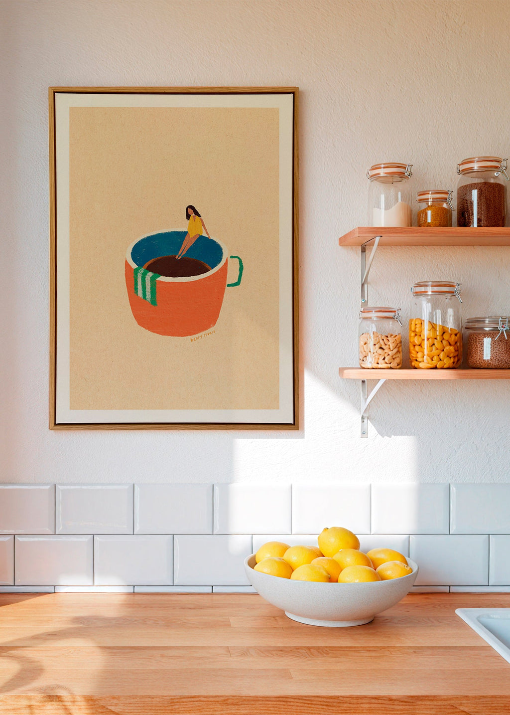 Küchenkunst mit illustrierter Kaffeetasse und Figur – Canvas1