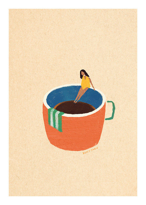 Küchenkunst mit illustrierter Kaffeetasse und Figur