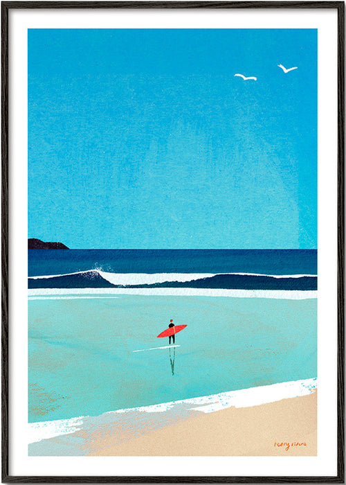 Sportkunst: Surfer am Ufer – Black Frame