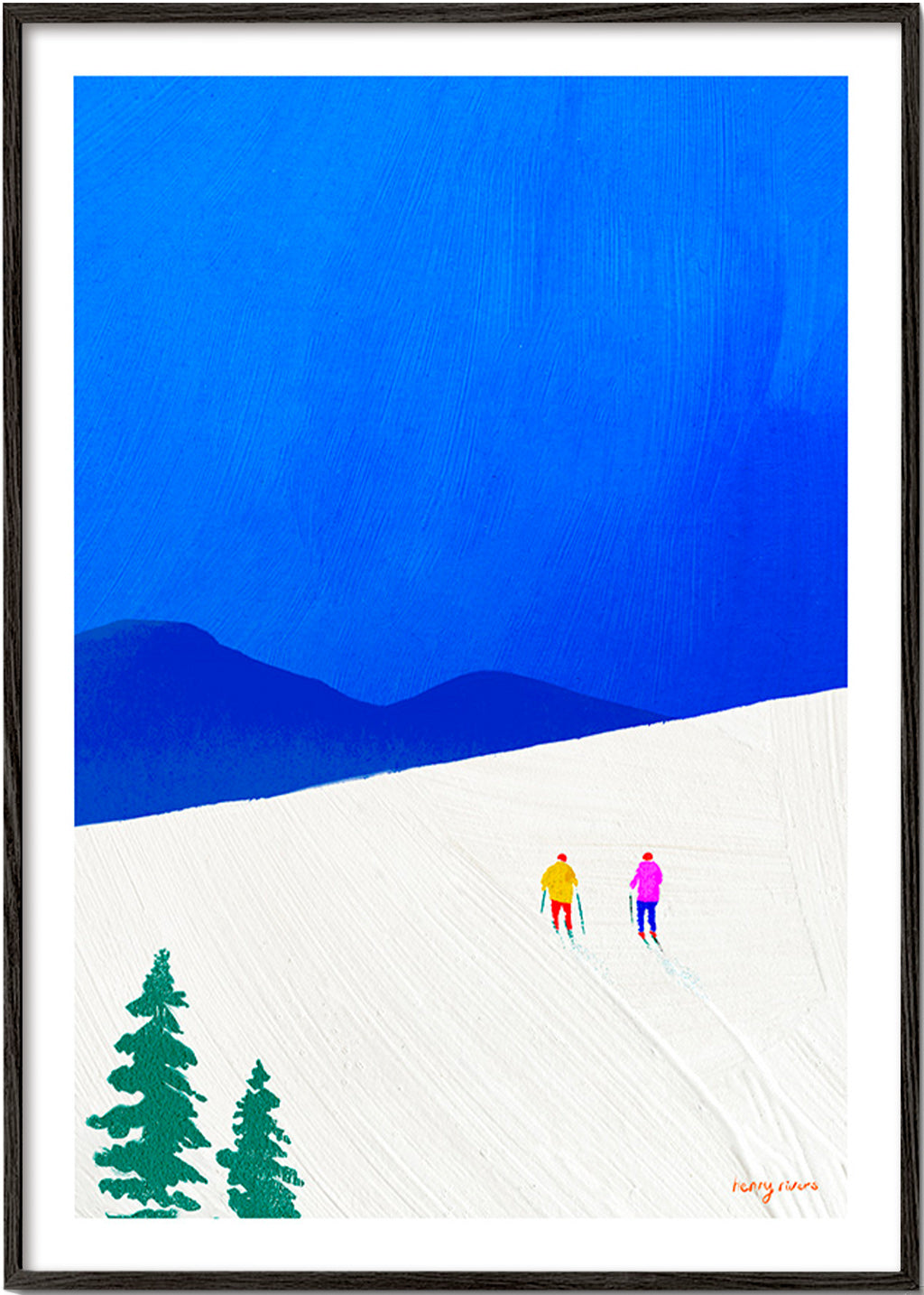 Sportkunst: Skifahrer auf verschneiter Piste – Black Frame