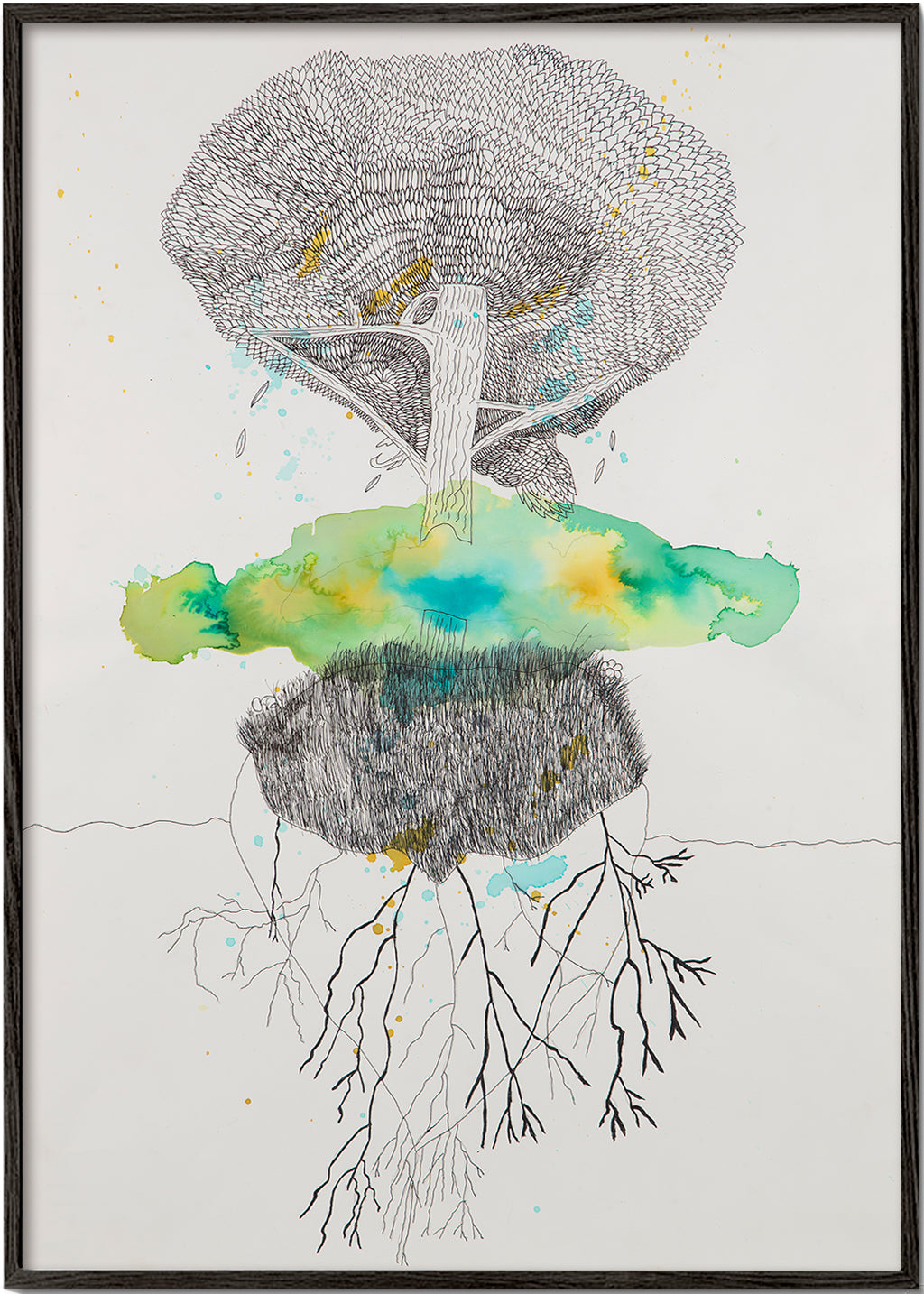 Botanischer Druck Baum und Wurzeln in Tinte und Aquarell – Black Frame