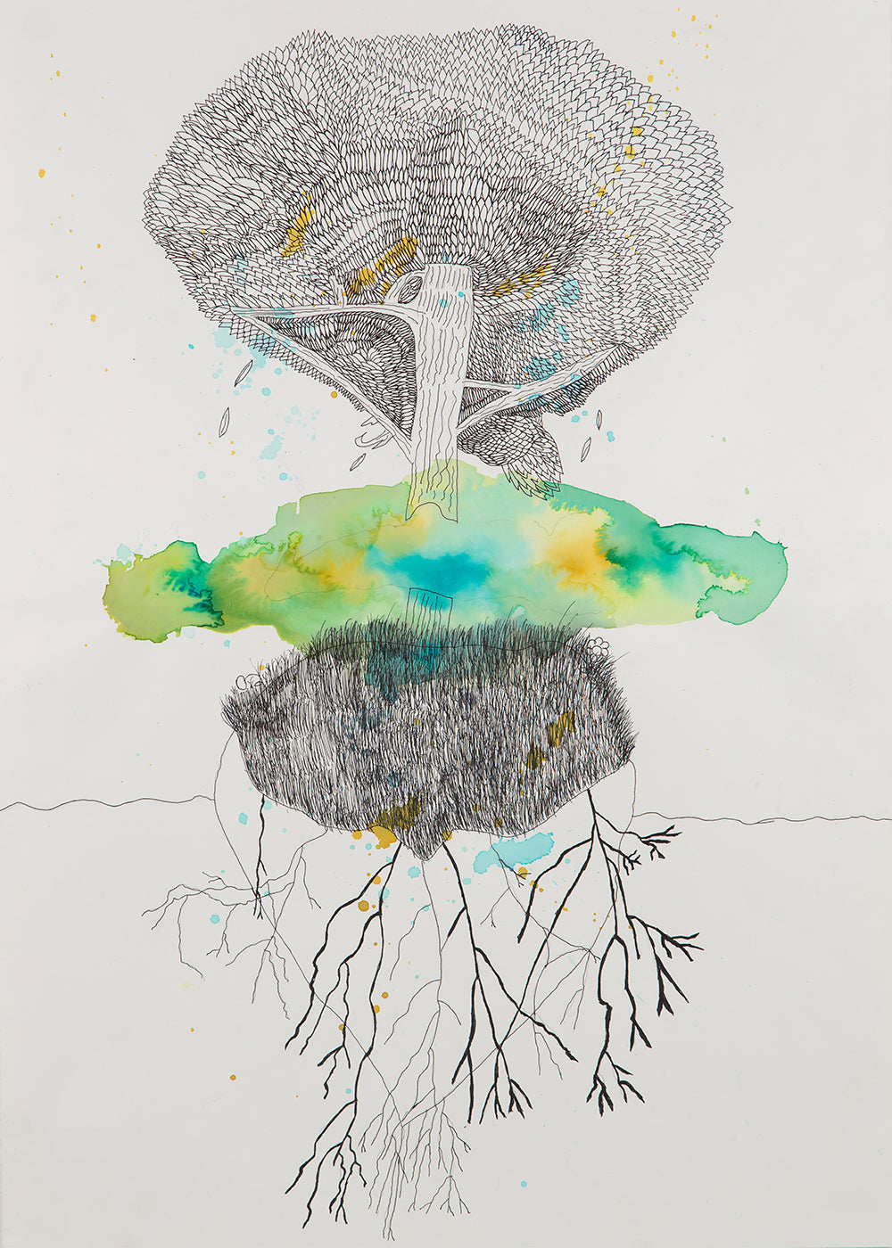 Botanischer Druck Baum und Wurzeln in Tinte und Aquarell