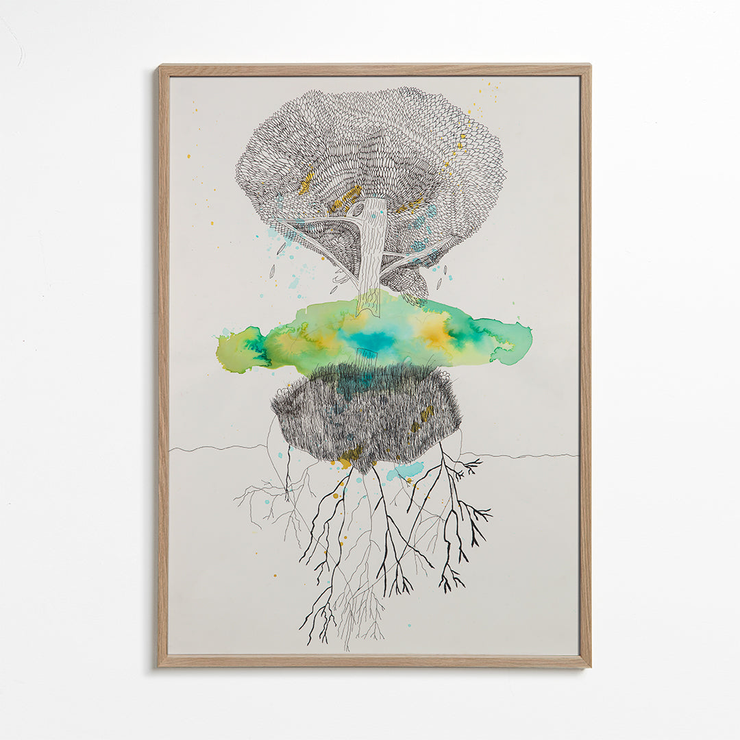 Botanischer Druck Baum und Wurzeln in Tinte und Aquarell – Oak Frame