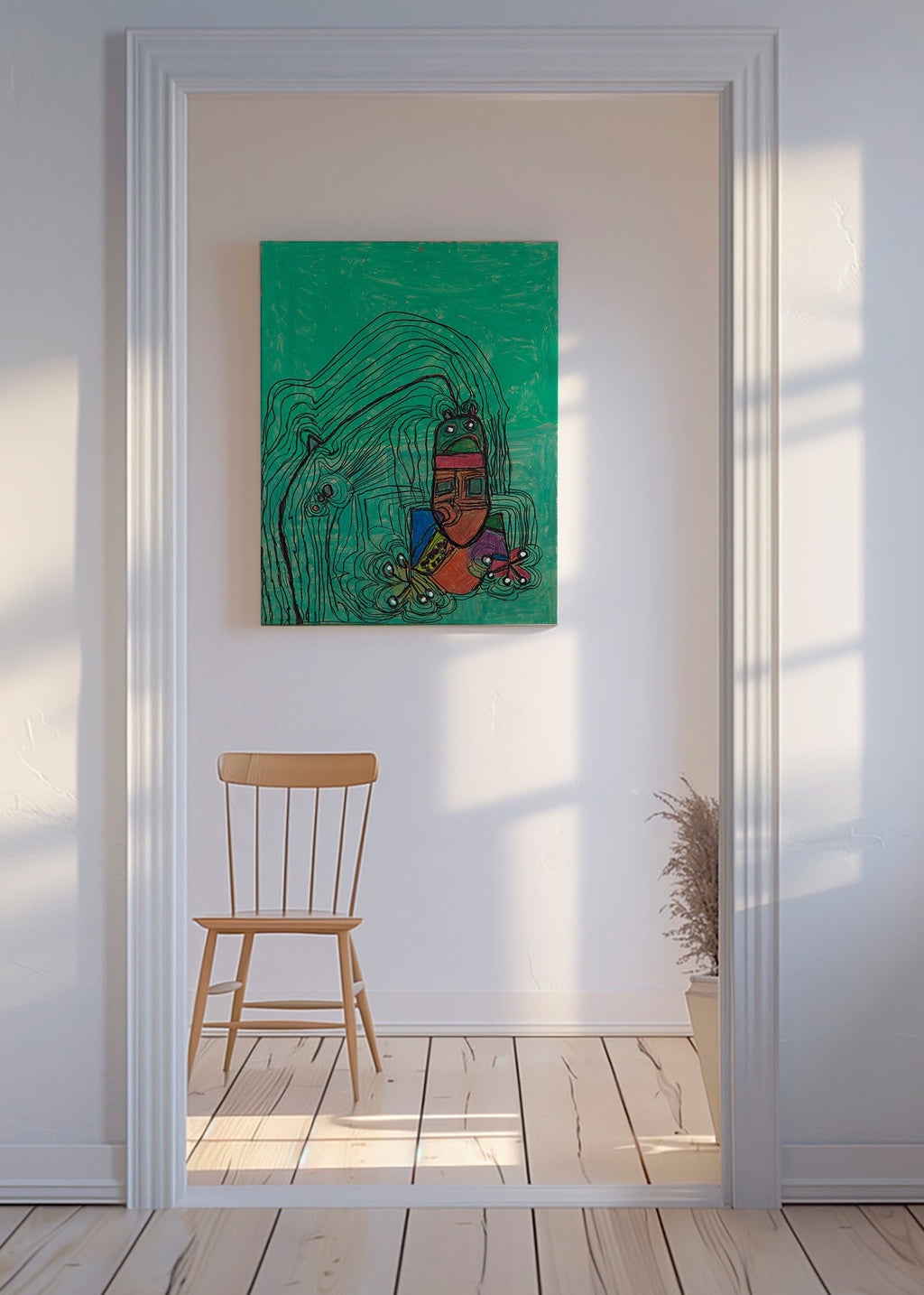 Verspielte Illustration mit Figur vor grünem Hintergrund – Canvas