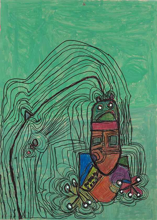 Verspielte Illustration mit Figur vor grünem Hintergrund