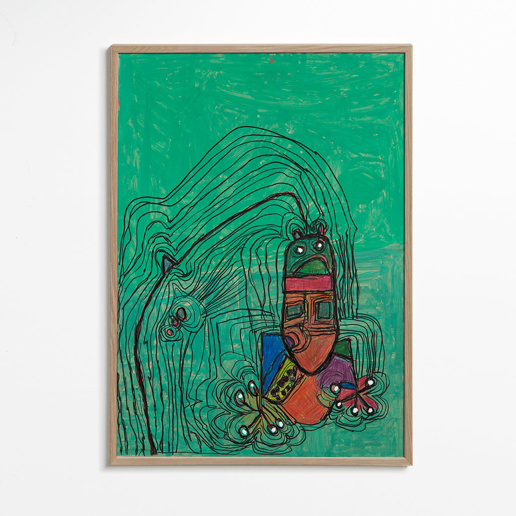 Verspielte Illustration mit Figur vor grünem Hintergrund – Oak Frame