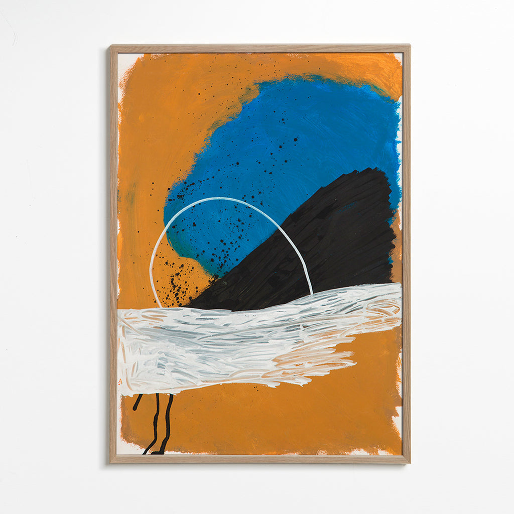 Abstraktes Bild Bogen an Küste in Ocker und Blau – Oak Frame