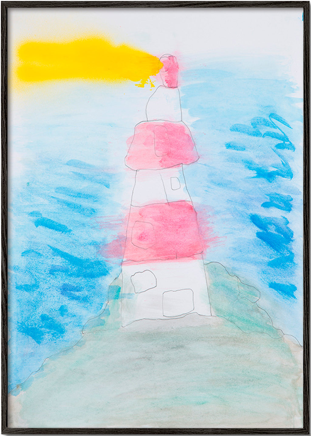 Landschaftskunst mit Leuchtturm in Aquarell – Black Frame