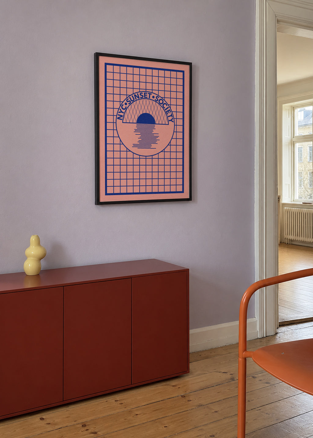 Nyc Sunset Society Blue - Framed poster in an interior