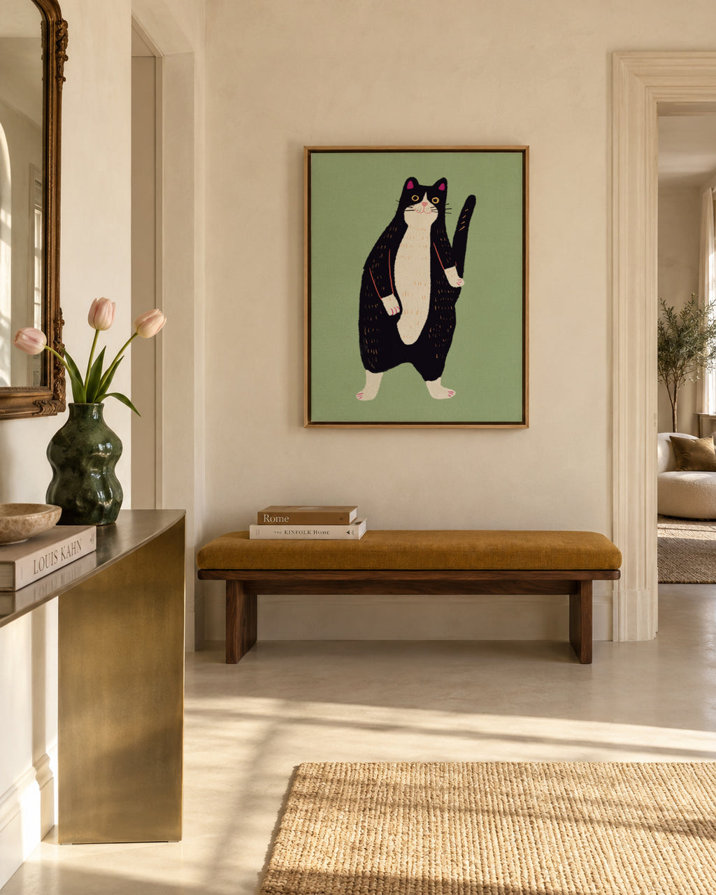Black and white cat 02 - Framed canvas in an interior