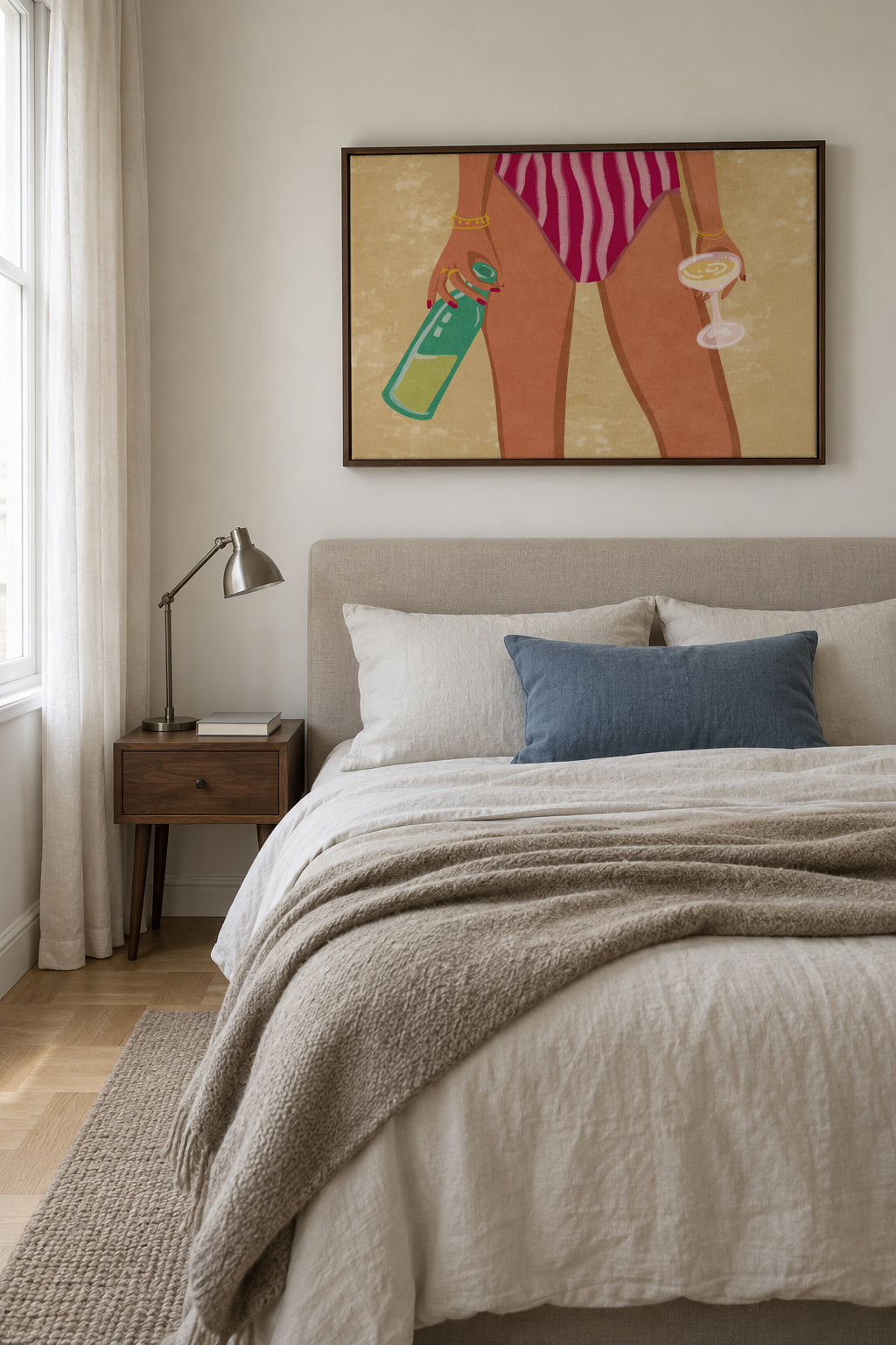 Girl with wine at the beach - Framed canvas in an interior