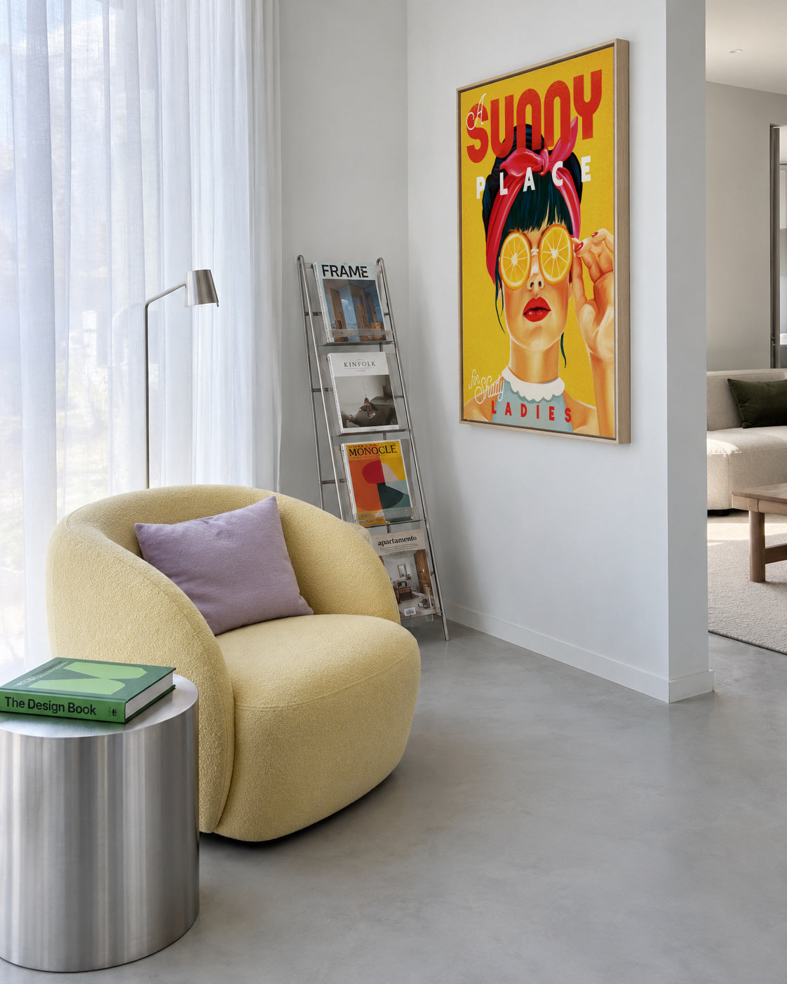 A Sunny Place For Shady Ladies Orange Pinup Art - Framed canvas in an interior