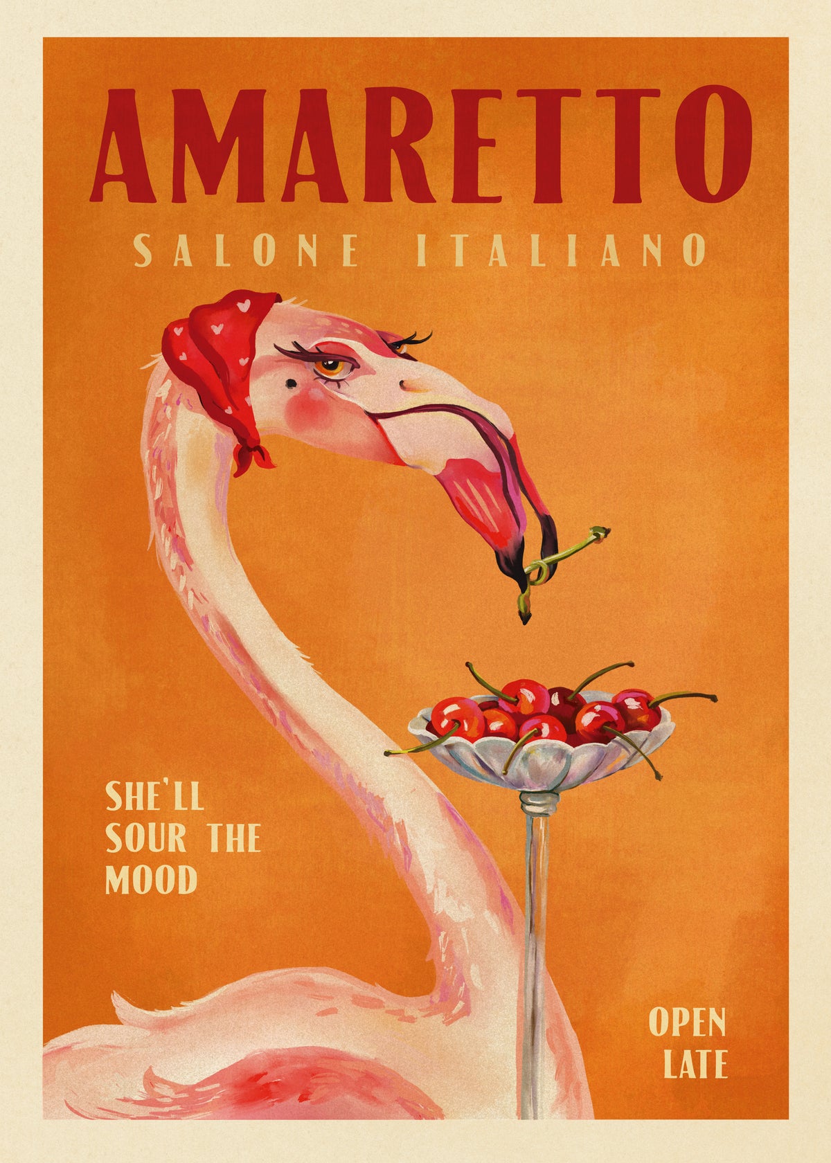 Amaretto Flamingo Art Deco Italian Cafe Travel Art - Unframed art print