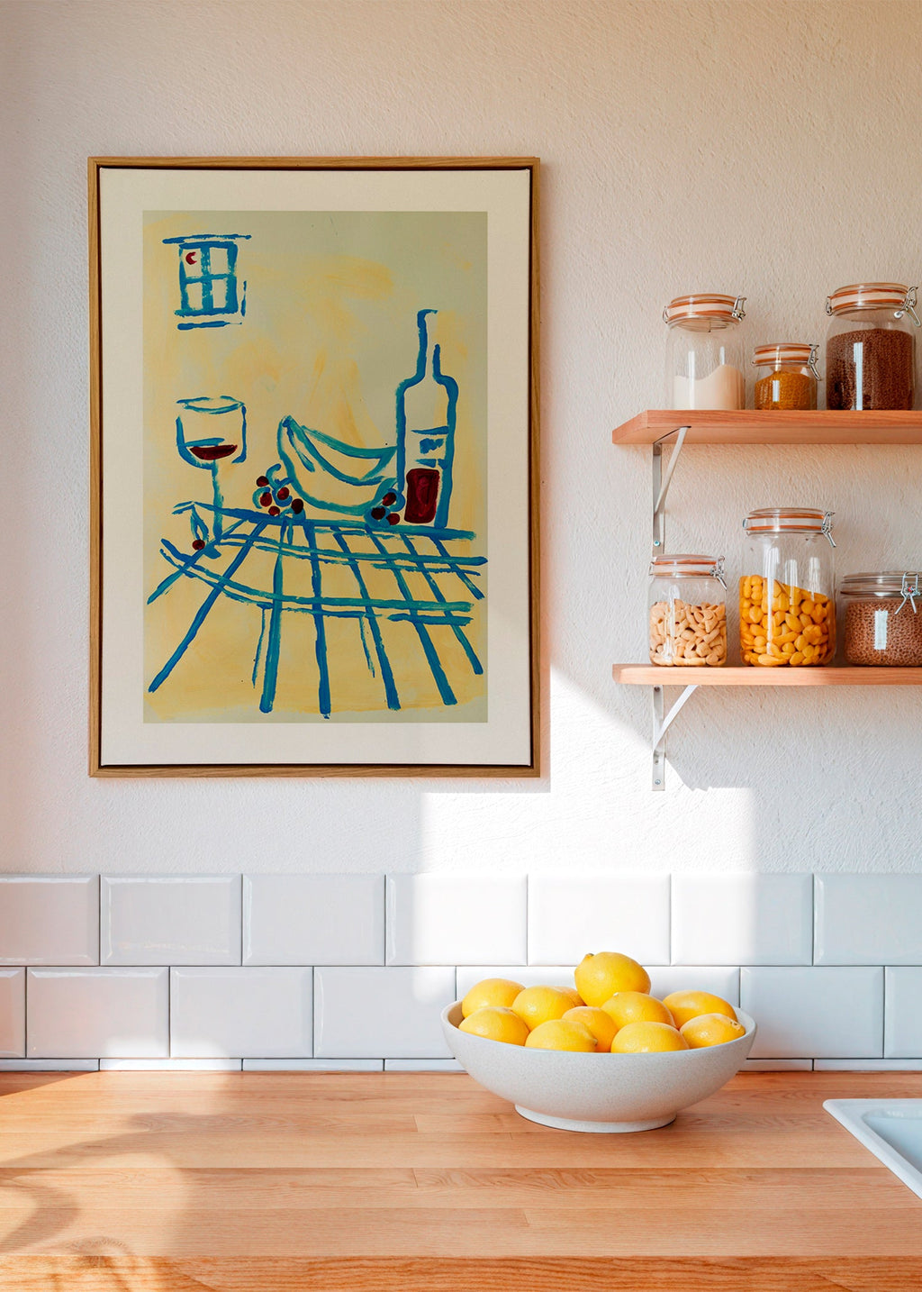 Cuadro de cocina con bodegón azul y plátanos – Canvas1