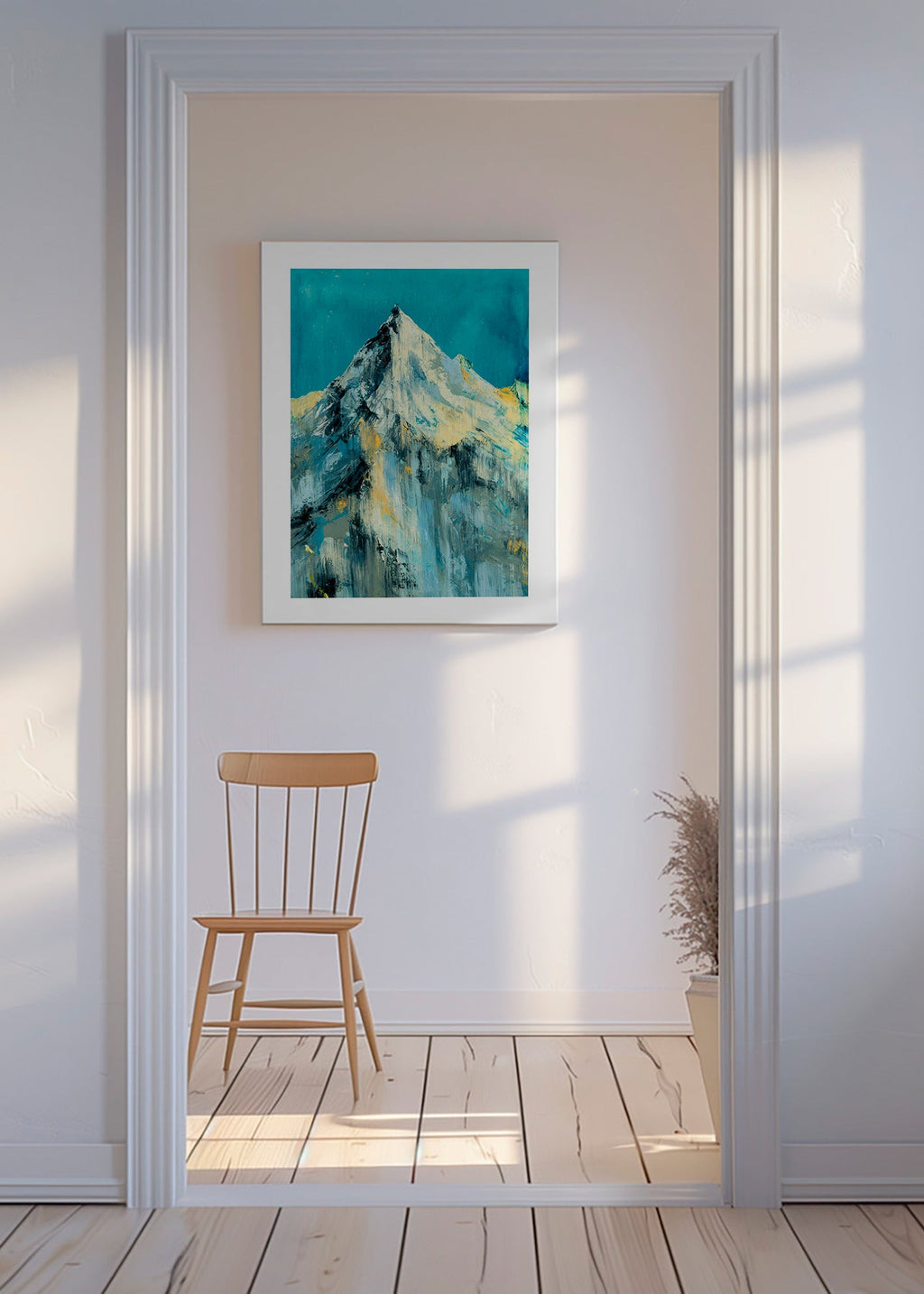 Cuadro de paisaje con pico nevado y lavados turquesa – Canvas