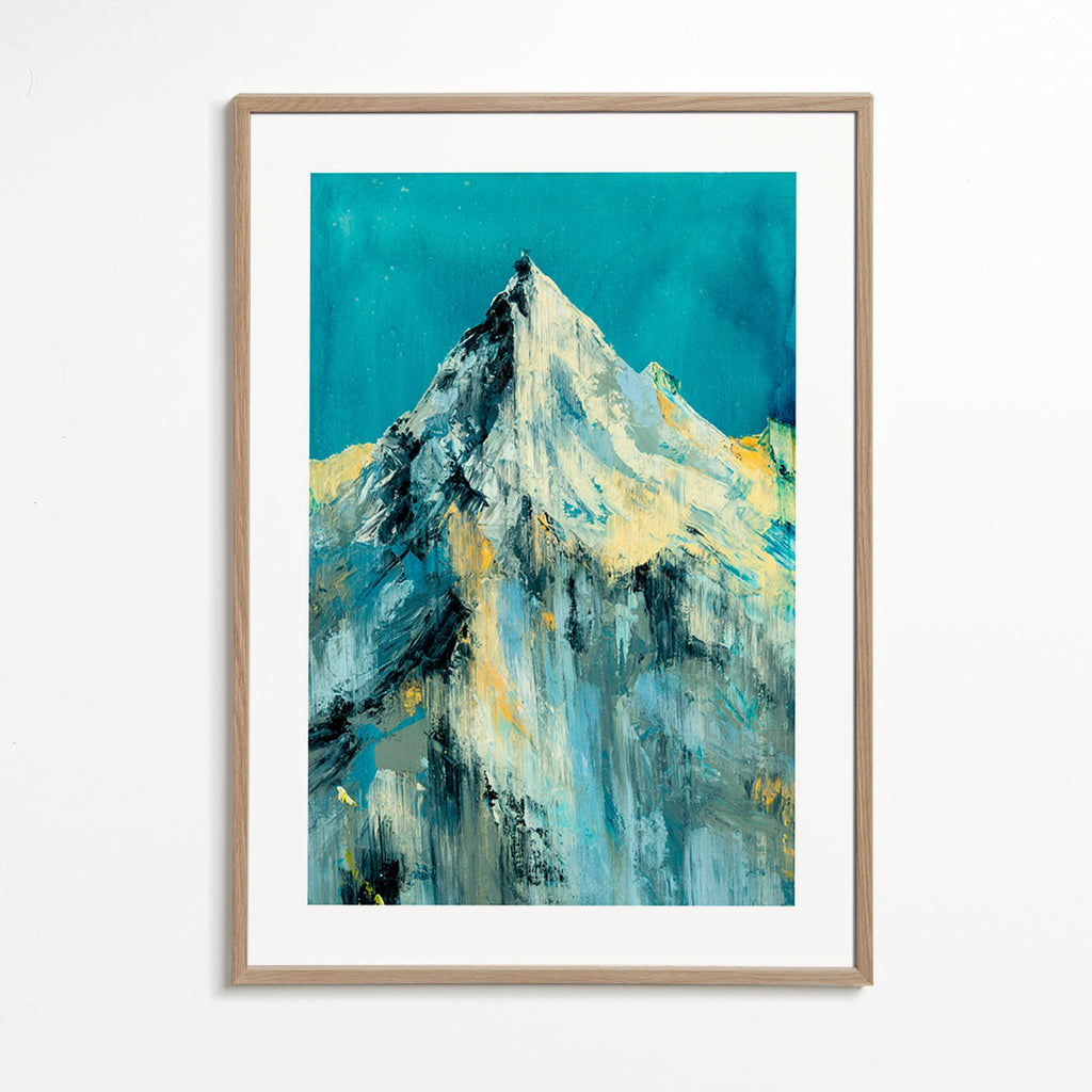 Cuadro de paisaje con pico nevado y lavados turquesa – Oak Frame