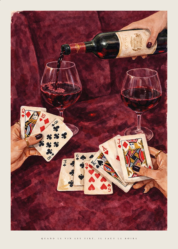 Küchenkunst mit Spielkarten und Rotwein