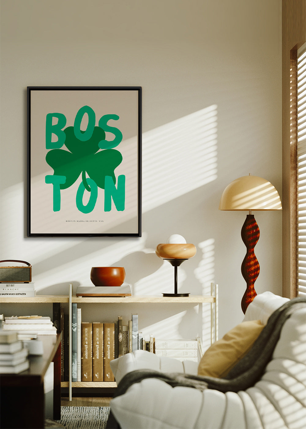 Reiseposter Boston mit Kleeblatt-Grafik