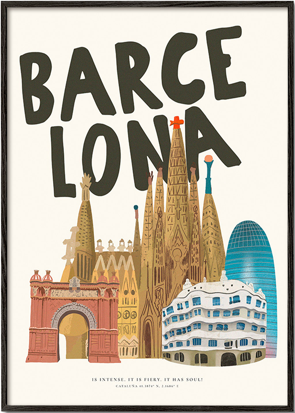 Stadtbild Barcelona illustriert mit Typografie